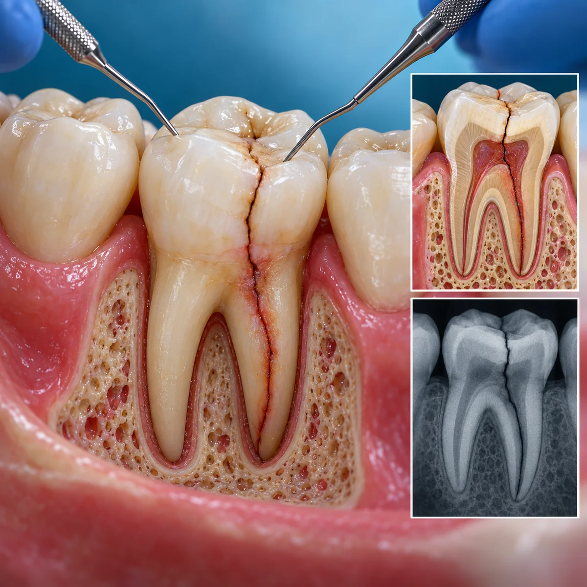 Close-up 3D image of a lower molar with a crack running from the biting surface down through one root, two dental instruments pointing at the crack, with insets showing a cross-section and an x-ray of the cracked tooth.