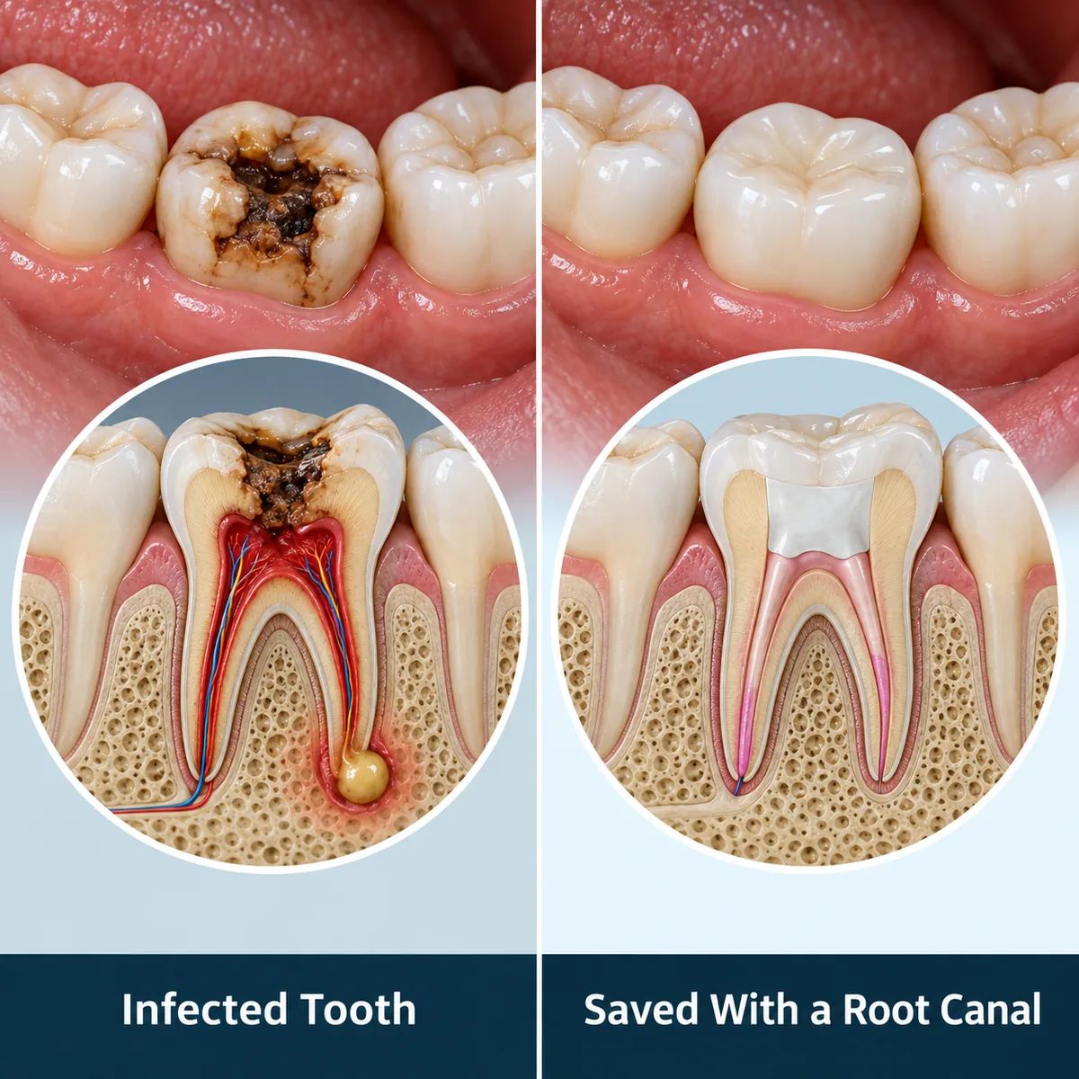 Side-by-side comparison. Left, labelled Infected Tooth: a decayed molar with a cross-section showing infected pulp and an abscess at the root tip. Right, labelled Saved With a Root Canal: the same molar with a crown and a cross-section showing filled canals.