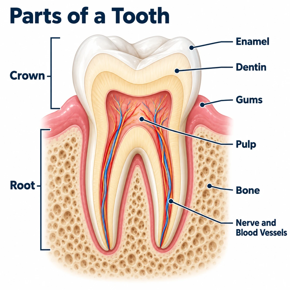 Parts of a Tooth diagram: a molar cross-section in the gum and jawbone, labelled Crown, Root, Enamel, Dentin, Gums, Bone, Pulp, and Nerve and Blood Vessels.