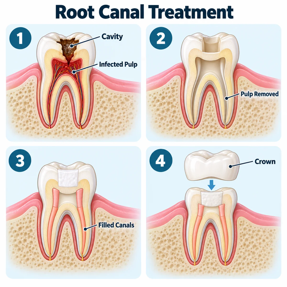 Root Canal Treatment infographic in four numbered steps: 1, a molar with a cavity reaching infected pulp; 2, the pulp removed from the canals; 3, the canals filled and the top sealed; 4, a crown placed on the treated tooth.