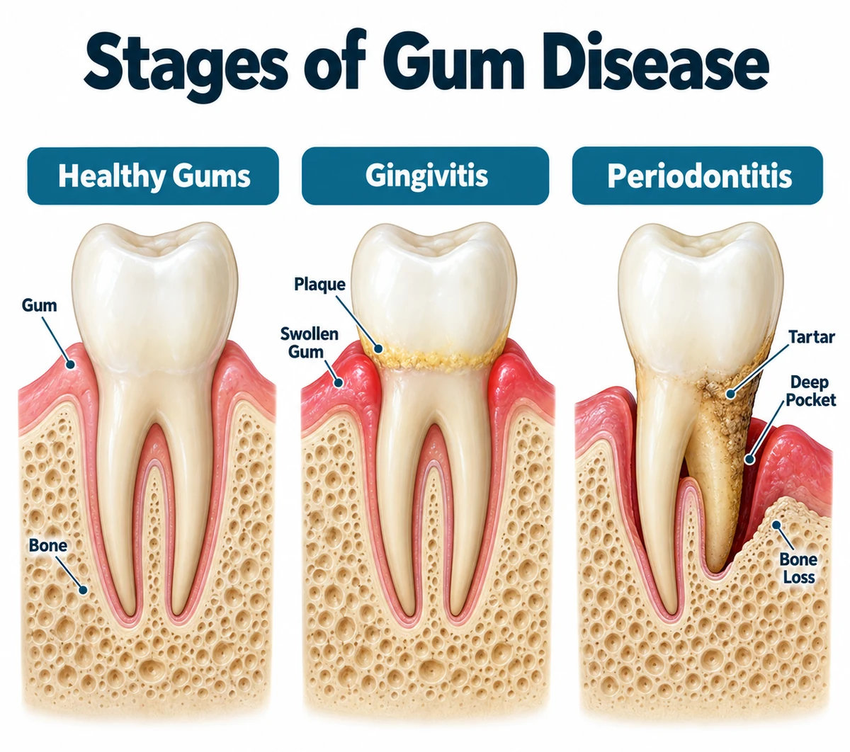Stages of Gum Disease diagram in three panels: Healthy Gums with firm pink gum and full bone, Gingivitis with red swollen gum and plaque at the gum line, and Periodontitis with a deep pocket, tartar on the root and bone loss.