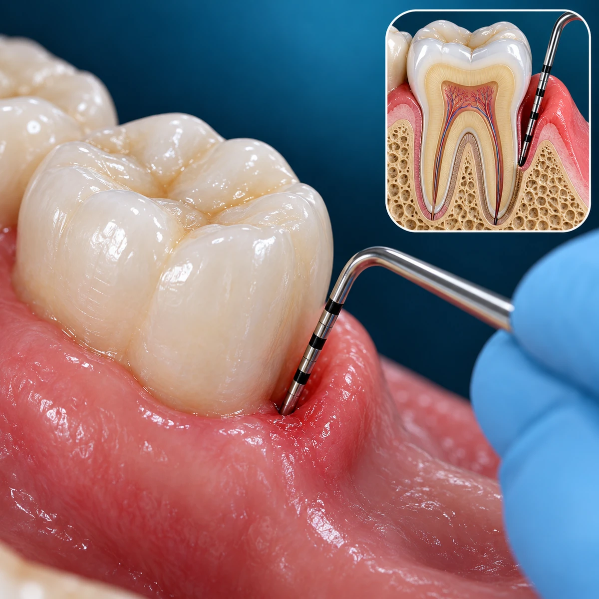 Close-up 3D illustration of a gloved hand slipping a thin dental probe with black millimetre bands into the gum pocket beside a lower molar, with an inset cross-section showing the probe tip at the bottom of the pocket.
