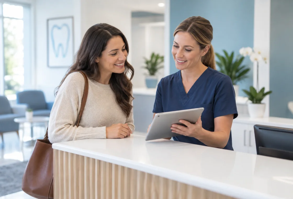 Patient arranging a dental appointment with a receptionist