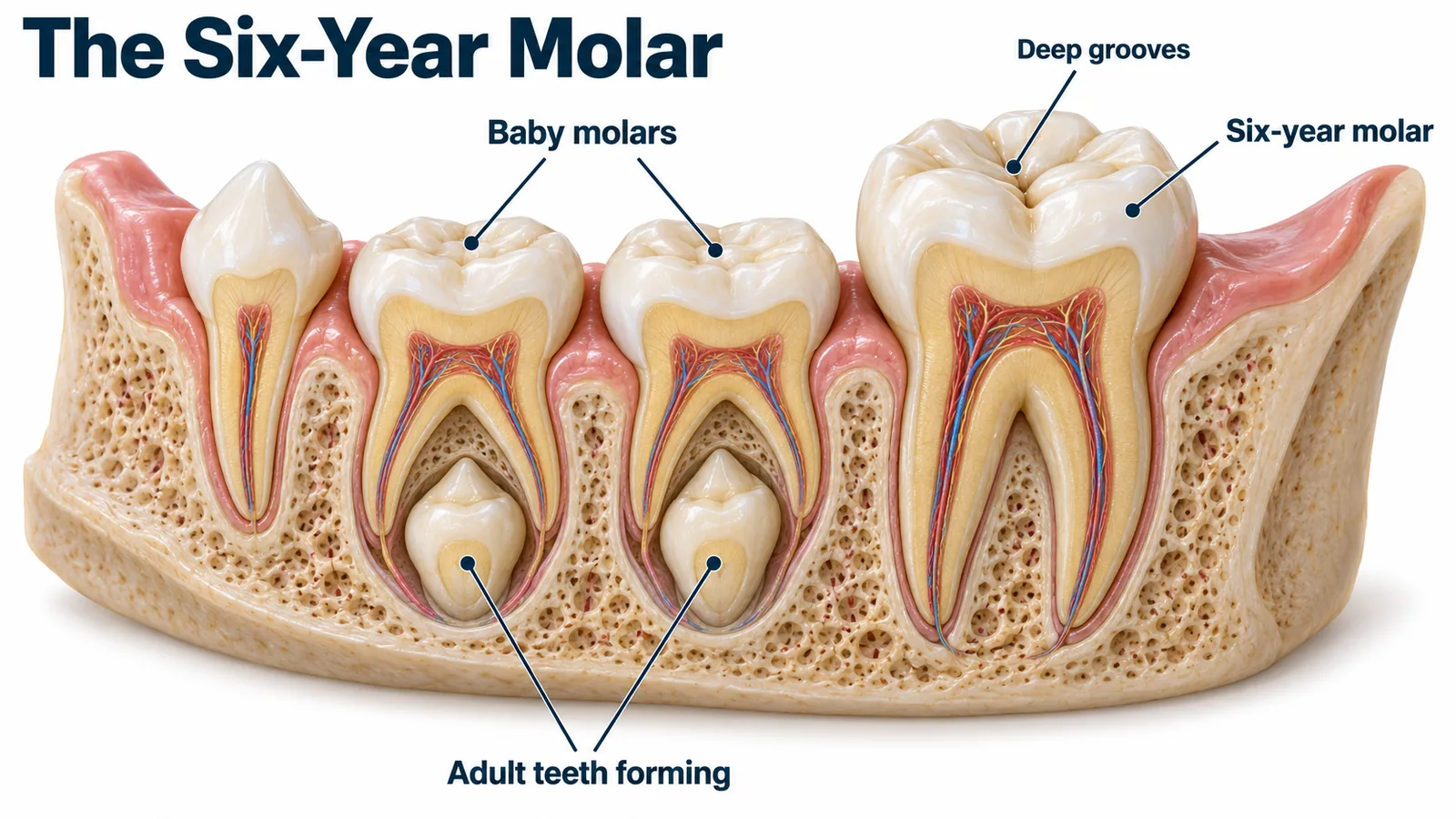 Diagram titled The Six-Year Molar showing a side cut-away of one side of a child's lower jaw in pink gum and porous bone with a baby canine, two baby molars with smaller adult teeth forming in the bone beneath them and a large permanent molar behind them, with navy leader lines to the labels Baby molars, Adult teeth forming, Six-year molar and Deep grooves