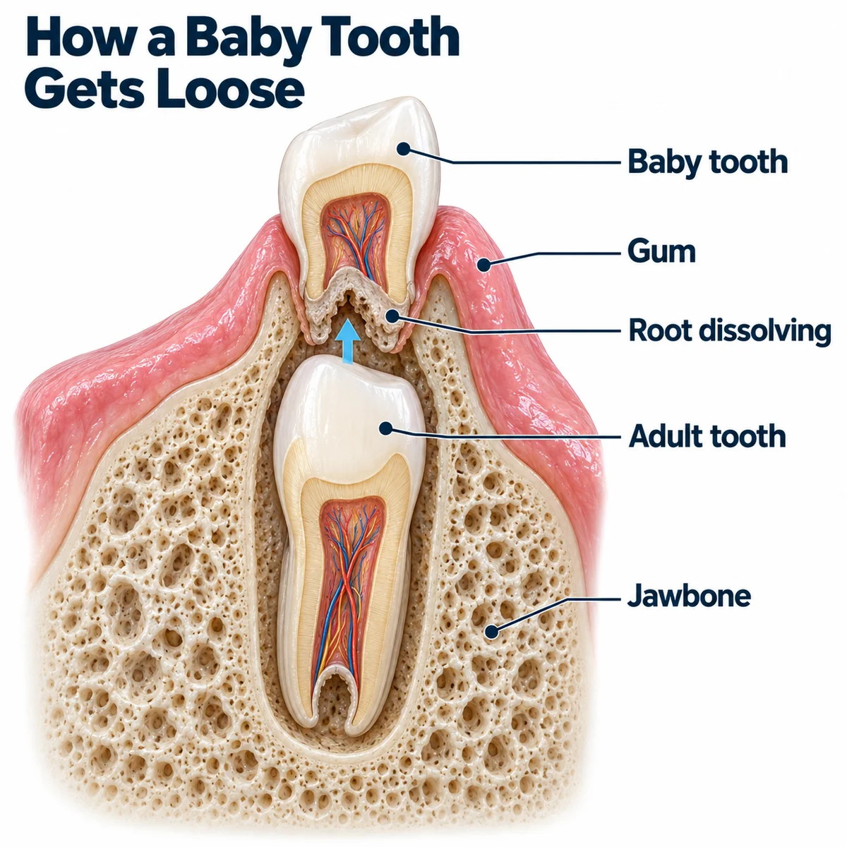 Diagram titled How a Baby Tooth Gets Loose showing a cross-section of a child's jaw with a small baby tooth in pink gum whose root has mostly dissolved and a larger adult tooth in the porous jawbone below it, a small blue arrow pointing up from the adult tooth, with navy leader lines to the labels Baby tooth, Gum, Root dissolving, Adult tooth and Jawbone