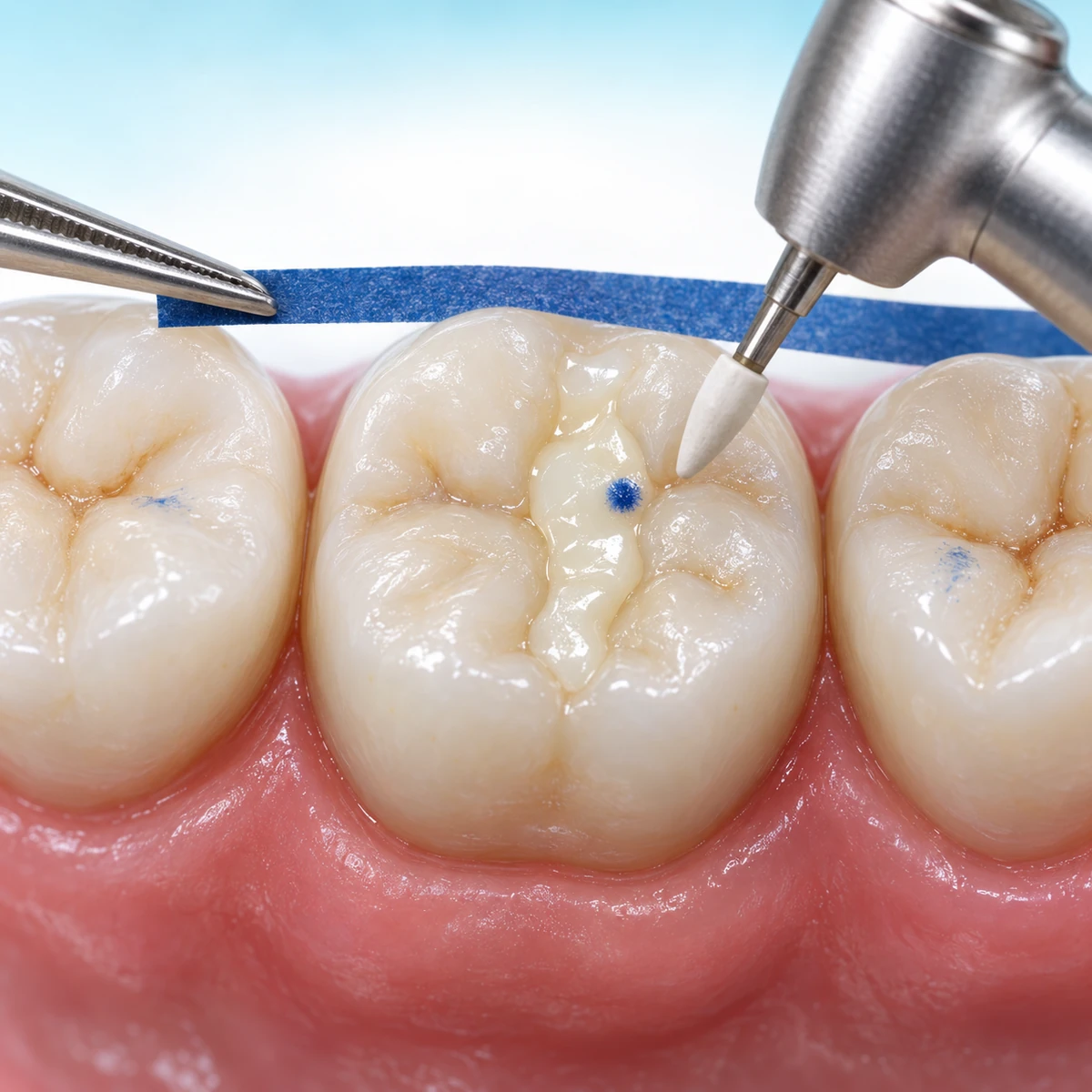 Top-down close view of three lower back teeth in pink gum, the middle molar with a new tooth-coloured filling marked by one dark blue dot, faint blue marks on the neighbouring teeth, a strip of blue marking paper held in steel tweezers and a white polishing tip on a dental handpiece next to the dot