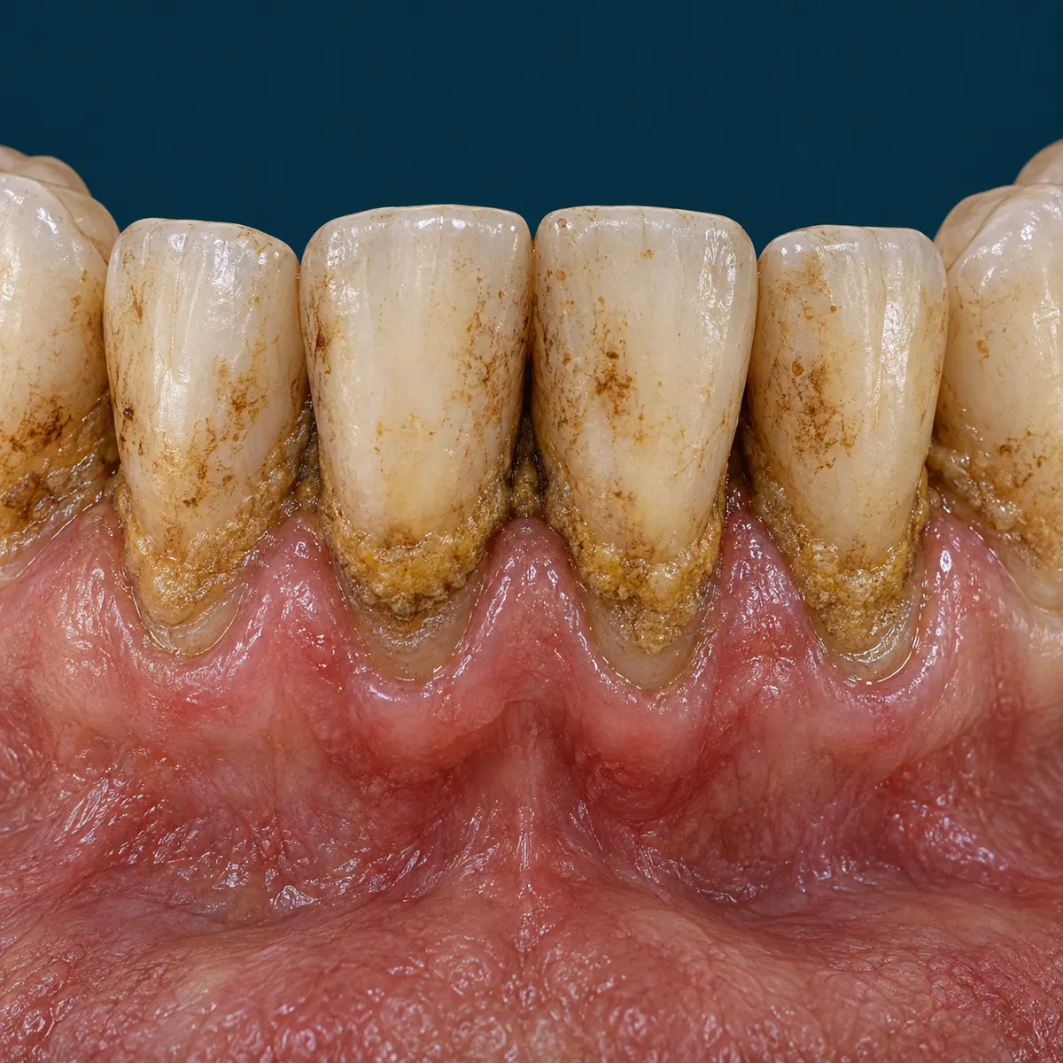 Close-up of lower front teeth with brown tobacco stains, yellow-brown tartar at the gumline and receding gums