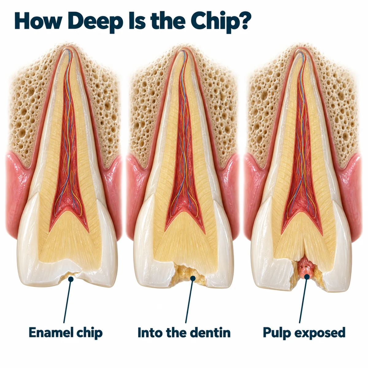 Diagram titled How Deep Is the Chip? showing three upper front teeth in cross-section in pink gum and porous jawbone, each with pulp, nerves and blood vessels and a break in its biting edge, with navy leader lines to three labels: Enamel chip on a shallow notch in the enamel, Into the dentin on a deeper break into the yellow dentin, and Pulp exposed on a break that reaches a red spot of pulp