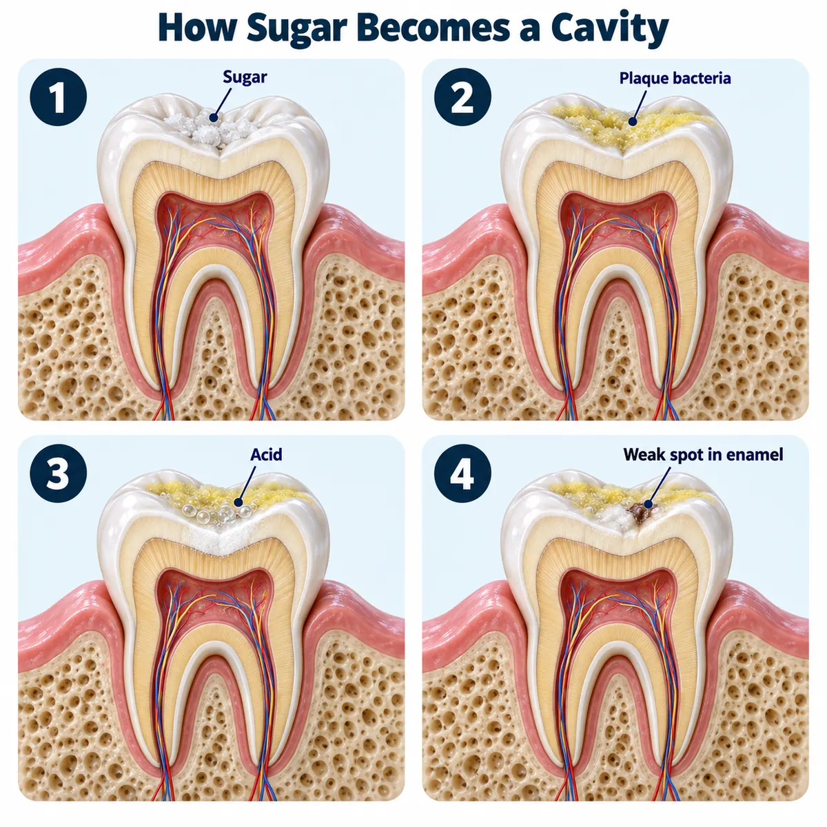 Four numbered panels under the title How Sugar Becomes a Cavity, each a molar cross-section in gum and bone: sugar crystals in the grooves labelled Sugar, a yellow layer labelled Plaque bacteria, bubbles and a chalky patch labelled Acid, and a small dark spot labelled Weak spot in enamel