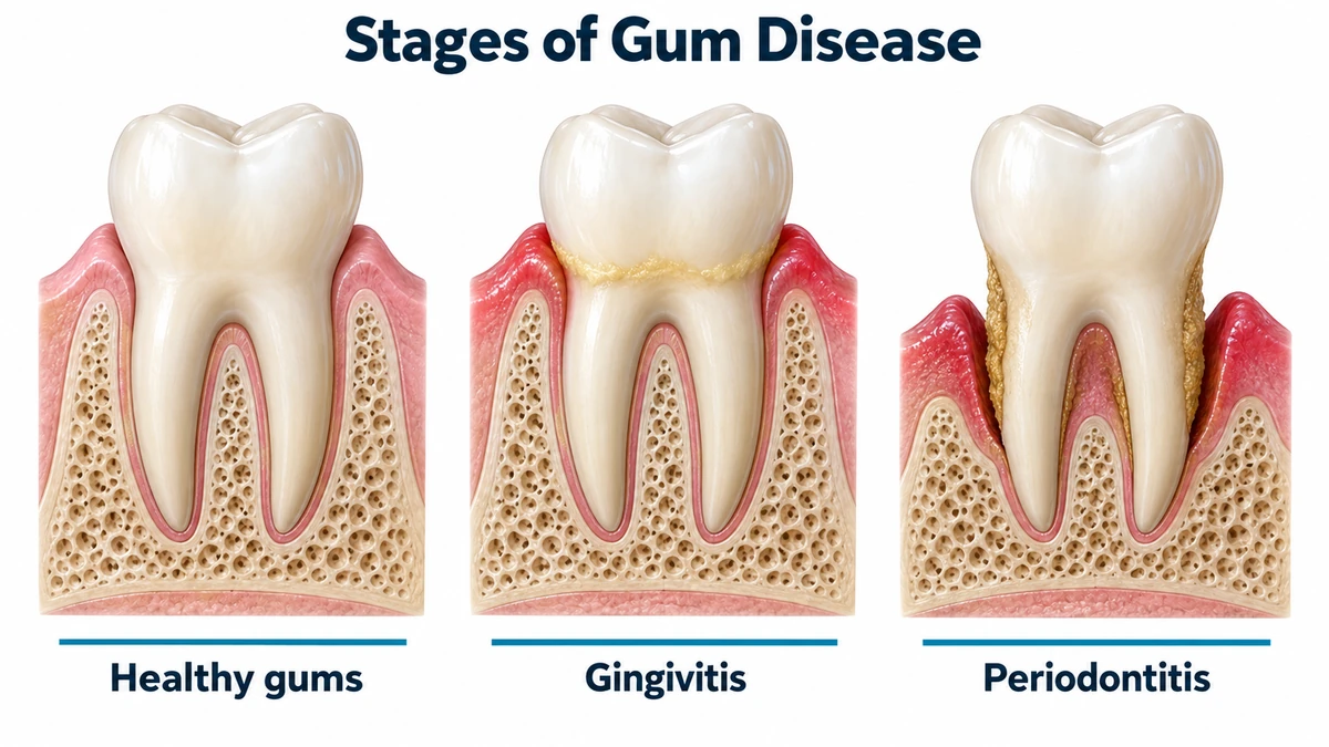 Three cross-sections of a molar in gum and bone under the title Stages of Gum Disease, labelled healthy gums, gingivitis with plaque and red gums, and periodontitis with tartar, gum pulled away and lower bone
