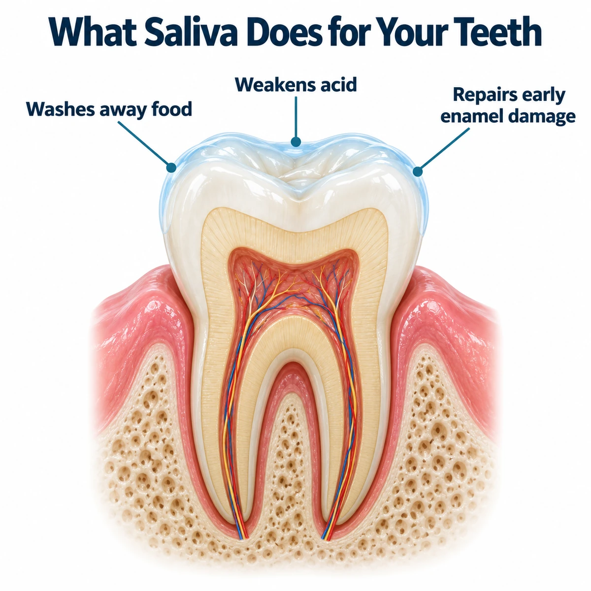 Cross-section of a molar in the gum with a light blue saliva layer over the enamel, labelled washes away food, weakens acid and repairs early enamel damage, under the title What Saliva Does for Your Teeth
