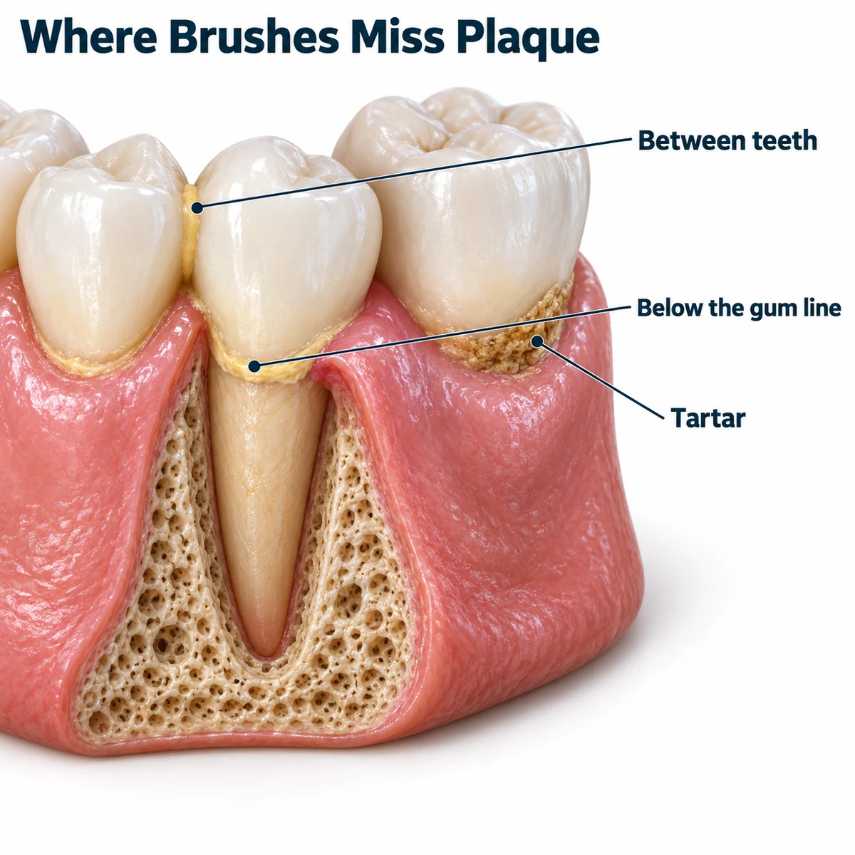 Labelled diagram titled Where Brushes Miss Plaque showing lower back teeth in pink gum with the gum and porous jawbone cut away around the root of the middle tooth, yellow plaque in the gap between two teeth and along the gum line, and a rough brown deposit at the gum line of the molar, labelled Between teeth, Below the gum line and Tartar
