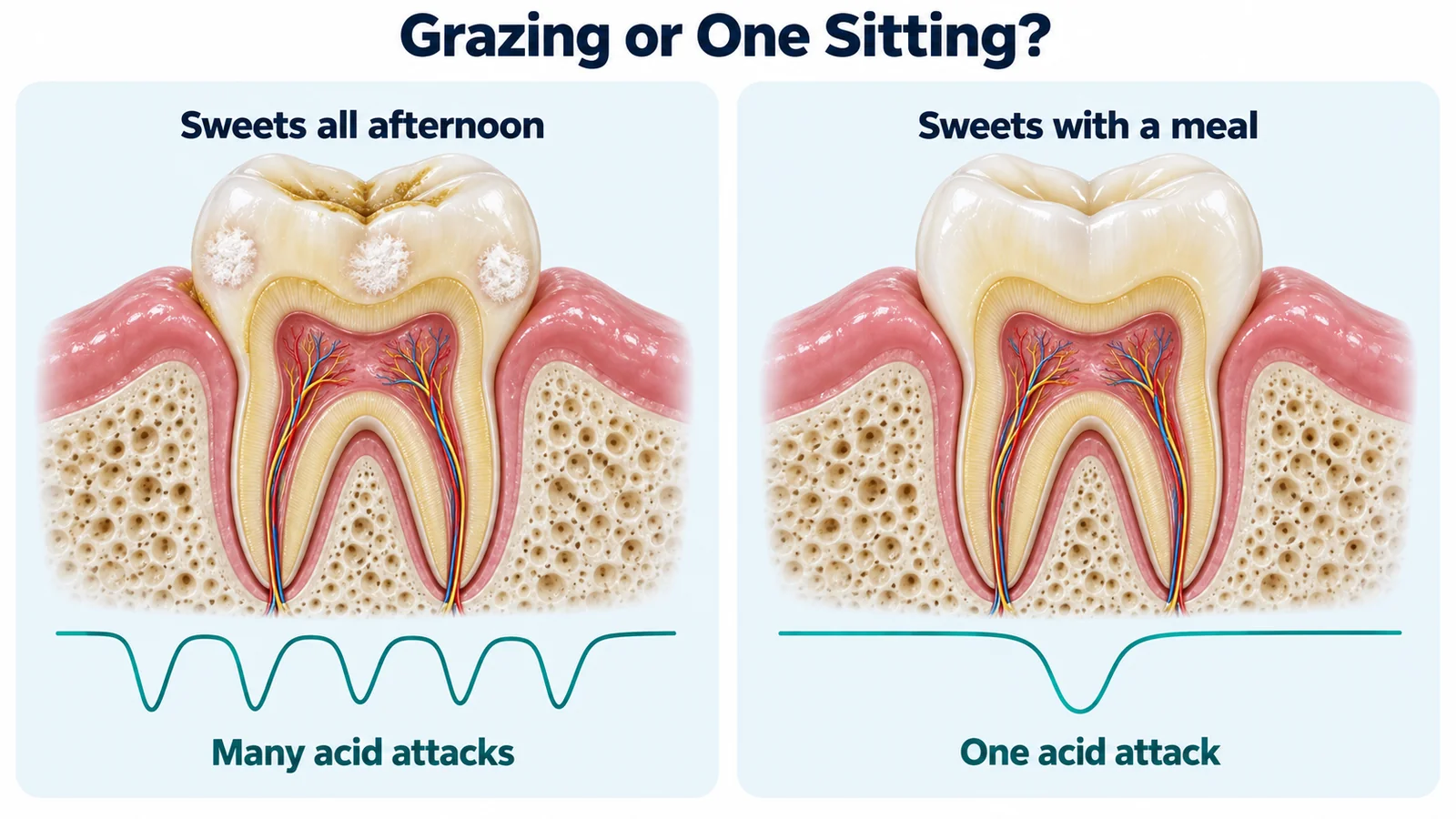 Two panels under the title Grazing or One Sitting?: a molar cross-section with white weak spots above a line with five dips, labelled Sweets all afternoon and Many acid attacks, beside a healthy molar above a line with one dip, labelled Sweets with a meal and One acid attack