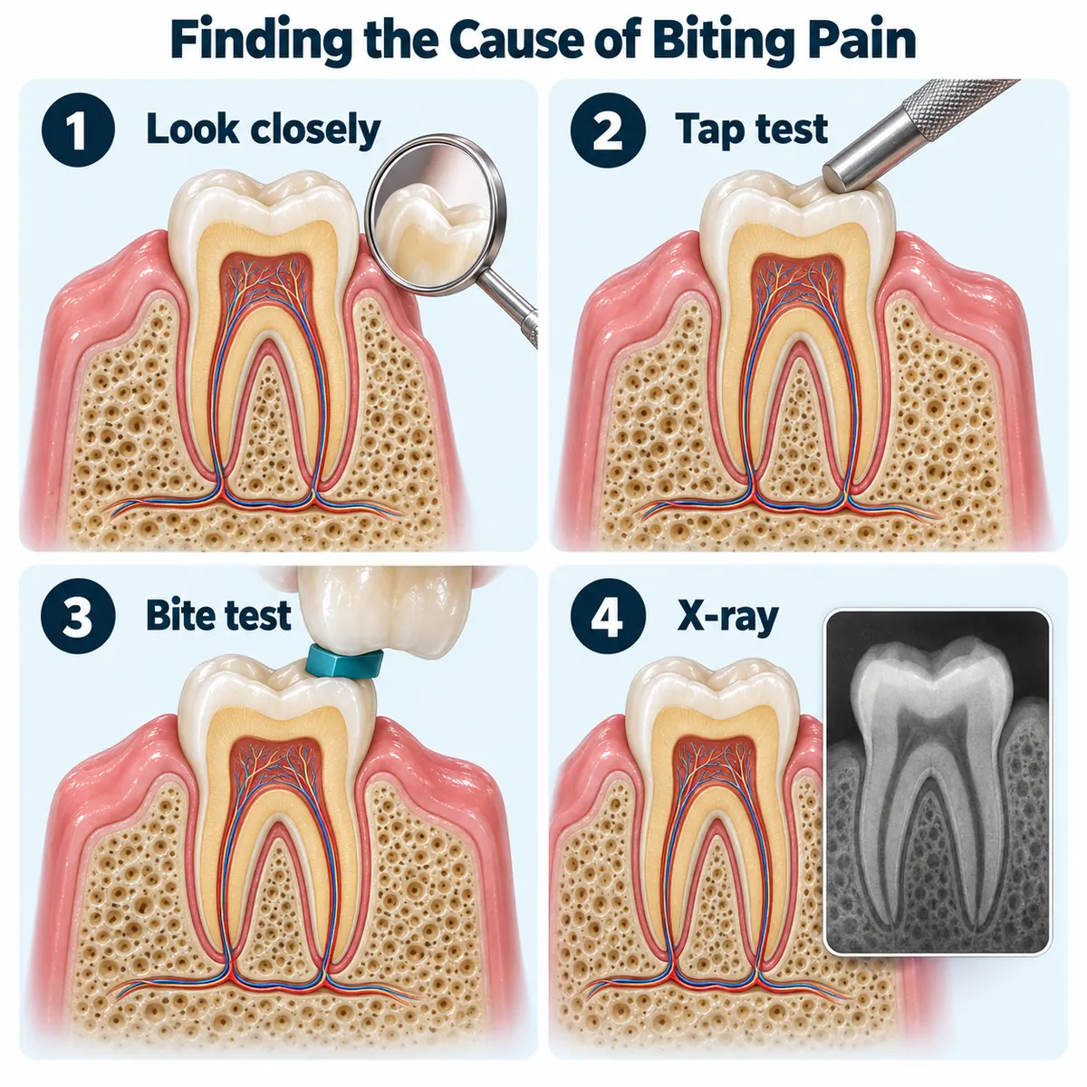 Step infographic titled Finding the Cause of Biting Pain with four pale blue numbered panels, each a molar cross-section in pink gum and porous jawbone with pulp, nerves and blood vessels: 1 Look closely, with a dental mirror reflecting the tooth, 2 Tap test, with the end of a silver instrument on the crown, 3 Bite test, with a teal bite-testing tool between the molar and an upper tooth, and 4 X-ray, with a grey x-ray of the tooth showing its roots and the bone around them