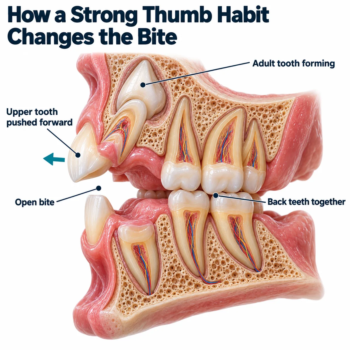 Labelled diagram titled How a Strong Thumb Habit Changes the Bite showing a side cross-section of a child's jaws in pink gum and porous bone, the upper front baby tooth tilted forward with a teal arrow pointing forward, the lower front tooth upright with an empty gap between the two front teeth, the upper and lower back teeth biting together and a larger adult tooth forming in the bone above the front tooth, labelled Upper tooth pushed forward, Open bite, Back teeth together and Adult tooth forming