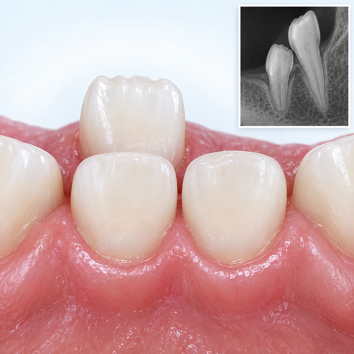 Close front view of lower front teeth in pink gum, with two rounded front teeth in the front row and a taller front tooth with a ridged edge coming through behind one of them, making a double row, and a framed grey x-ray inset at the top right showing a shorter tooth beside a taller tooth standing behind it