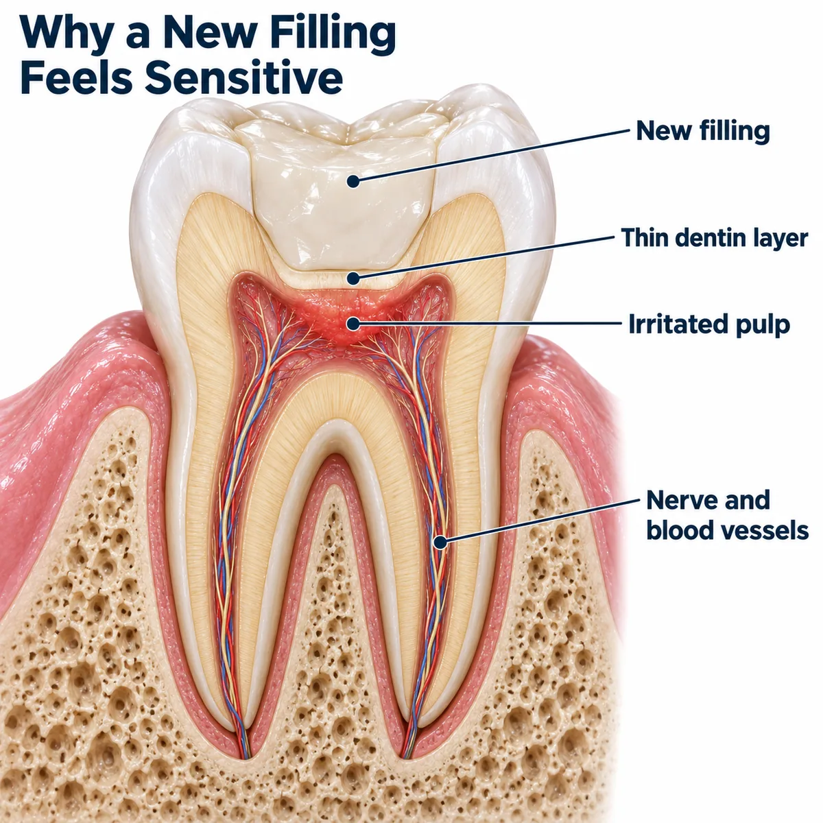 Diagram titled Why a New Filling Feels Sensitive showing a cross-section of a lower molar in pink gum and porous jawbone with a deep tooth-coloured filling, labelled New filling, Thin dentin layer, Irritated pulp, and Nerve and blood vessels