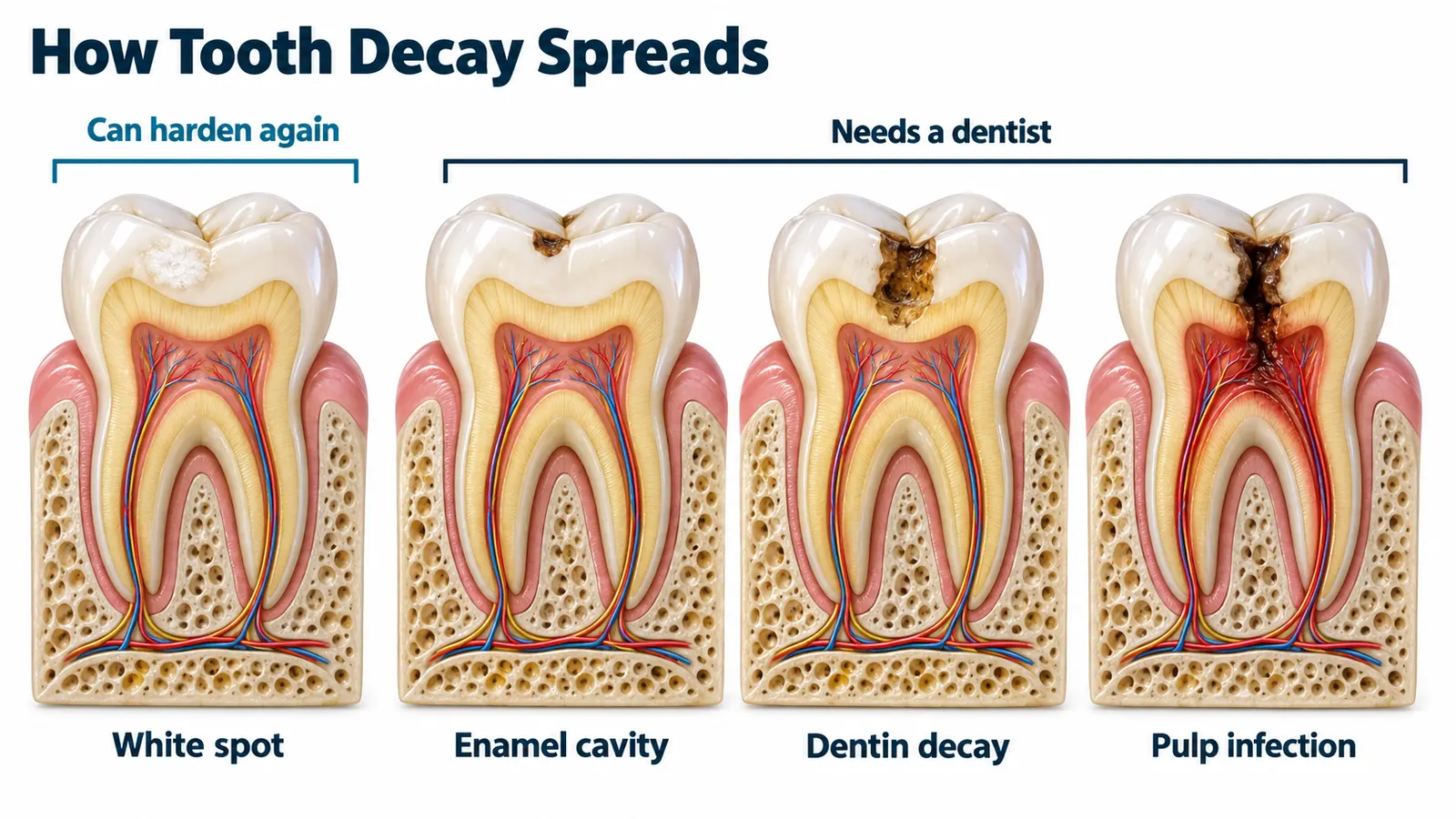 Diagram titled How Tooth Decay Spreads showing four cross-sections of the same molar in pink gum and porous jawbone, labelled White spot, Enamel cavity, Dentin decay and Pulp infection, with decay going deeper in each one, a teal bracket over the first marked Can harden again and a navy bracket over the other three marked Needs a dentist