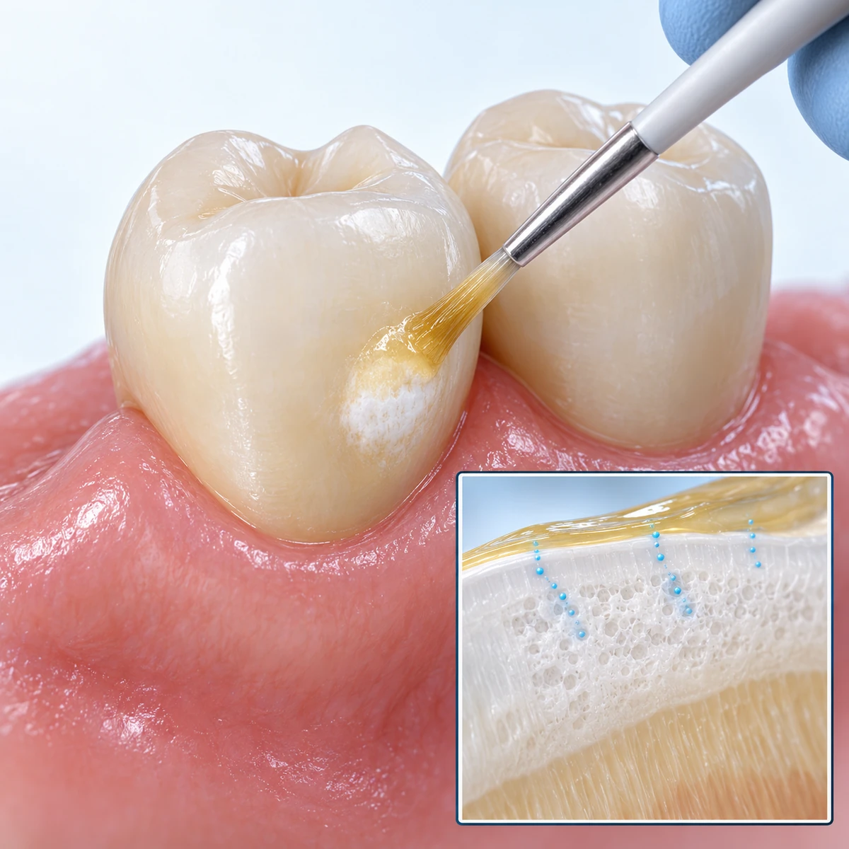 Close view of two back teeth in pink gum, a brush held by a gloved hand painting pale yellow fluoride varnish over a chalky white spot near the gumline, with a framed inset at the bottom right showing a cut-through of the enamel under the varnish with small blue dots moving down into a porous white layer