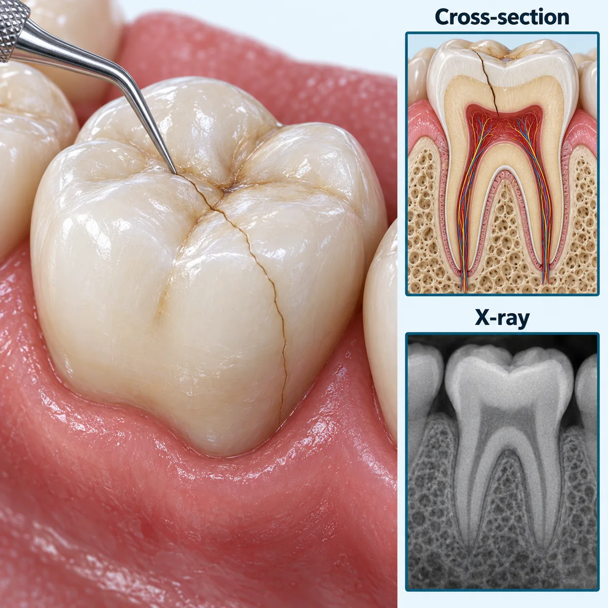 Close-up 3D view of a lower molar in pink gum with a hairline crack running across its biting surface and down its side, and a silver dental probe pointing at the crack, beside two framed insets: Cross-section, showing the crack running through the enamel and dentin to the red pulp in gum and porous bone, and X-ray, showing the same tooth with no crack line visible