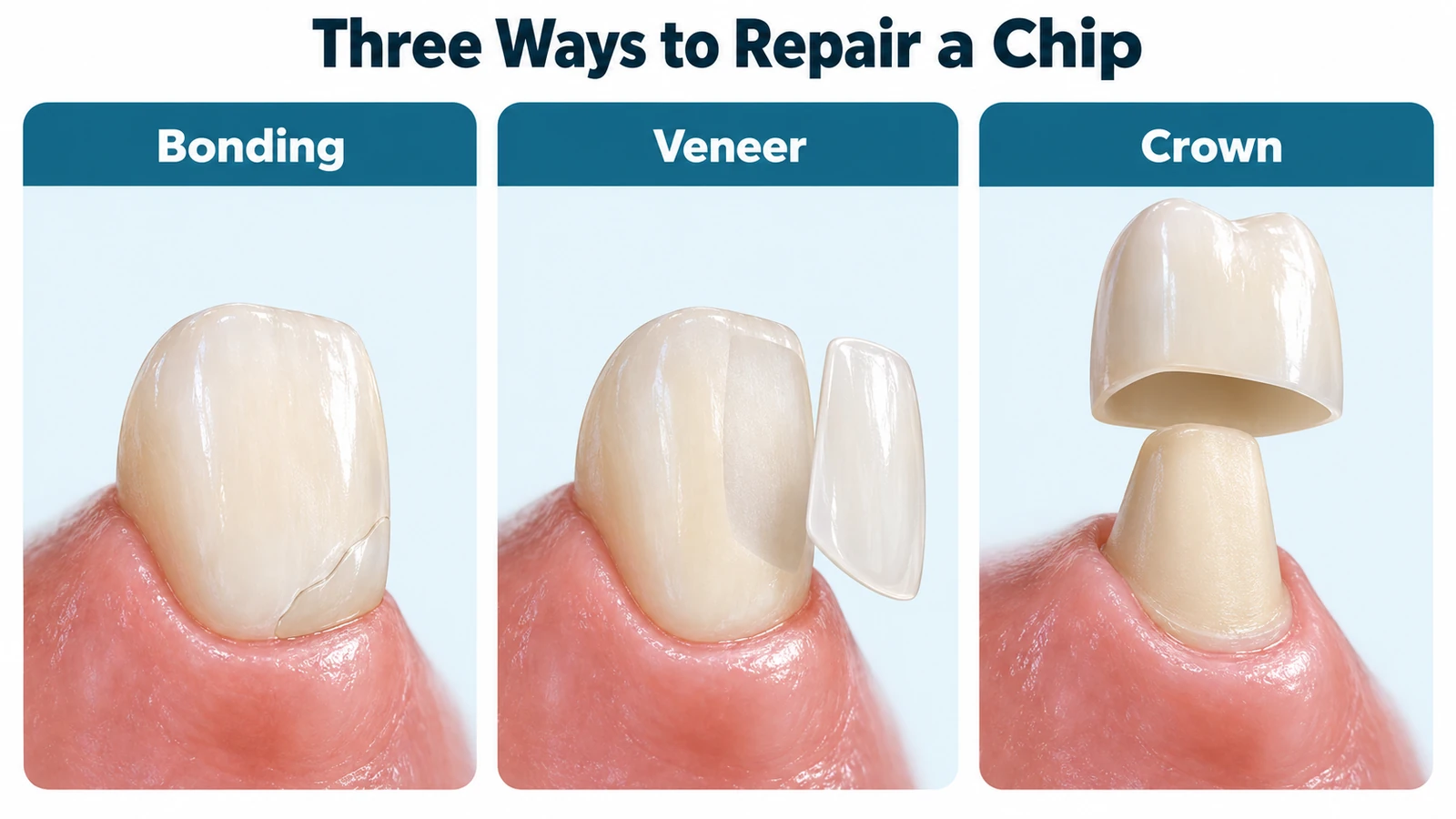 Three panels titled Three Ways to Repair a Chip, each showing a tooth in pink gum under a teal header: Bonding, a front tooth with a repaired corner outlined by a fine line, Veneer, a thin porcelain shell held beside the front surface of a front tooth, and Crown, a porcelain crown held above a tooth shaped smaller all around