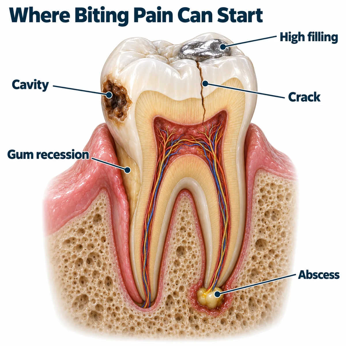 Diagram titled Where Biting Pain Can Start showing one molar cross-section in pink gum and porous jawbone with pulp, nerves and blood vessels, and navy leader lines to five labels: Cavity on a dark brown hole in the side of the crown, High filling on a silver filling on top, Crack on a line running down from the biting surface into the dentin, Gum recession on the exposed root where the gum has pulled back and Abscess on a yellow pocket of infection at a root tip
