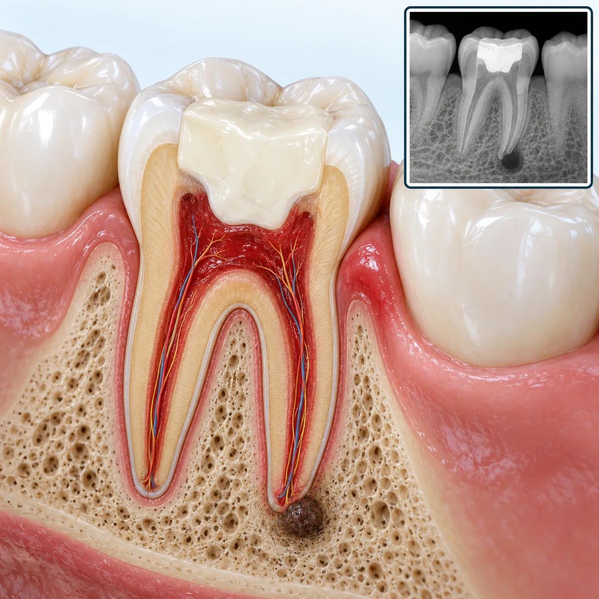 Cut-away lower molar between two neighbours with a large tooth-coloured filling close to a dark red inflamed pulp, a dark round area of infection in the bone at one root tip and redder gum beside the tooth, with a framed x-ray inset at the top right showing the bright white filling and a dark shadow at the root tip