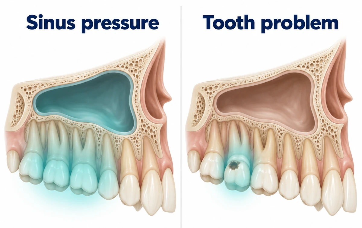 Two side views of the upper jaw: left, labelled Sinus pressure, the sinus and several upper back teeth glow teal; right, labelled Tooth problem, one upper back tooth with a small cavity glows
