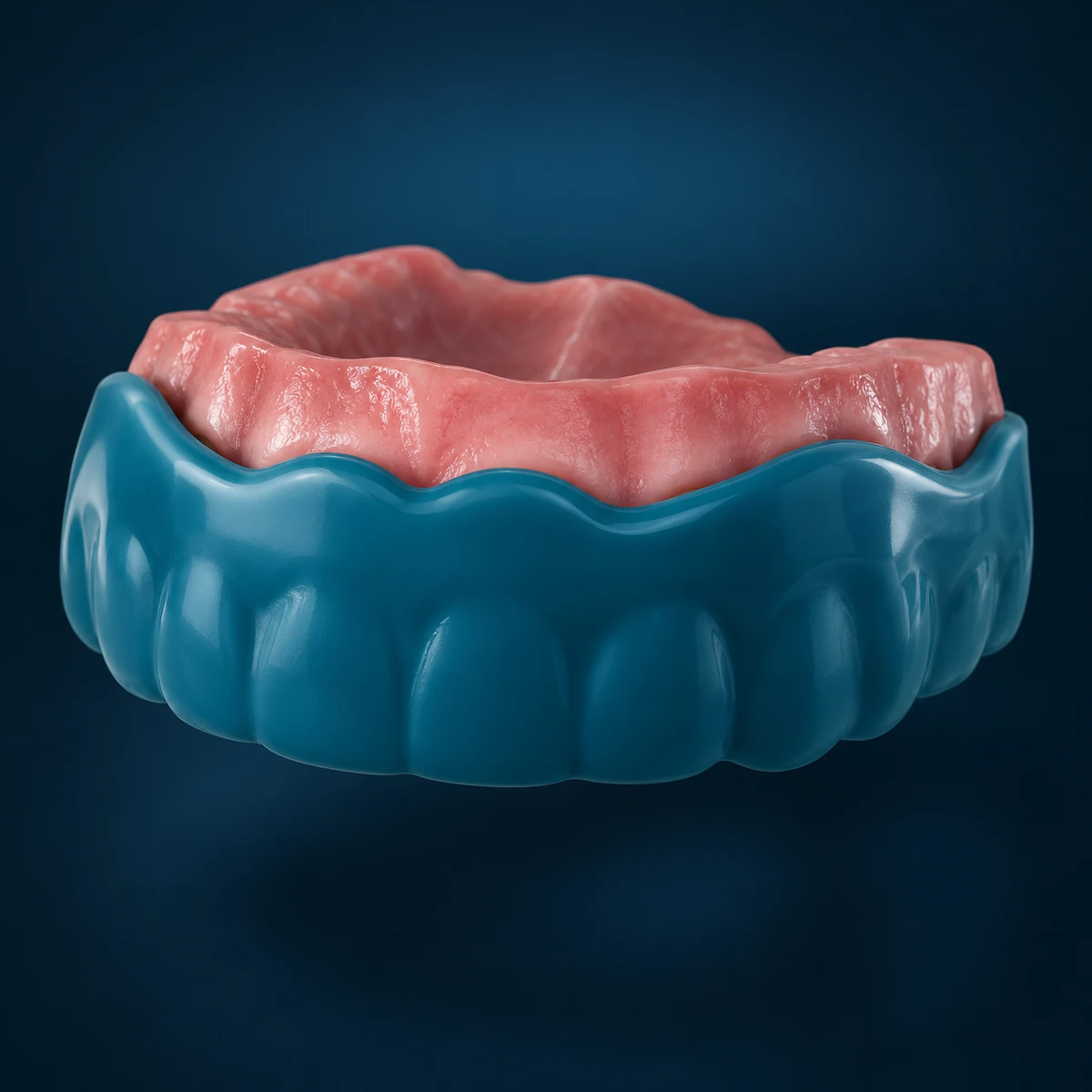 Thick teal sports mouthguard fitted over a model of the upper teeth and gums on a dark navy background