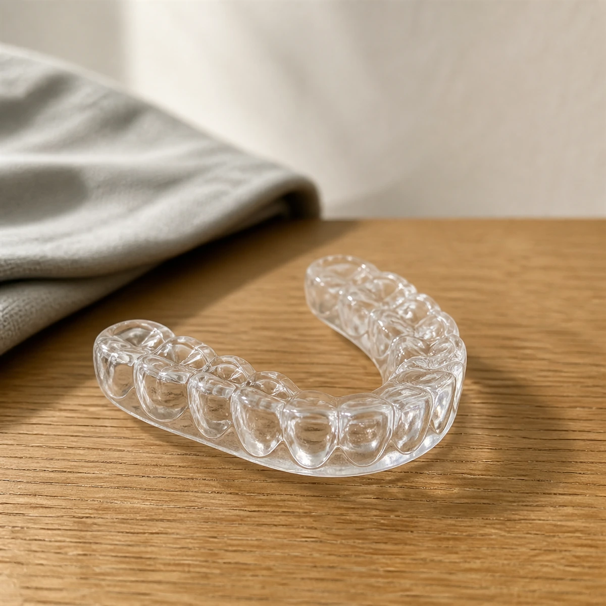 A clear custom-made dental night guard resting on a wooden surface in soft daylight.
