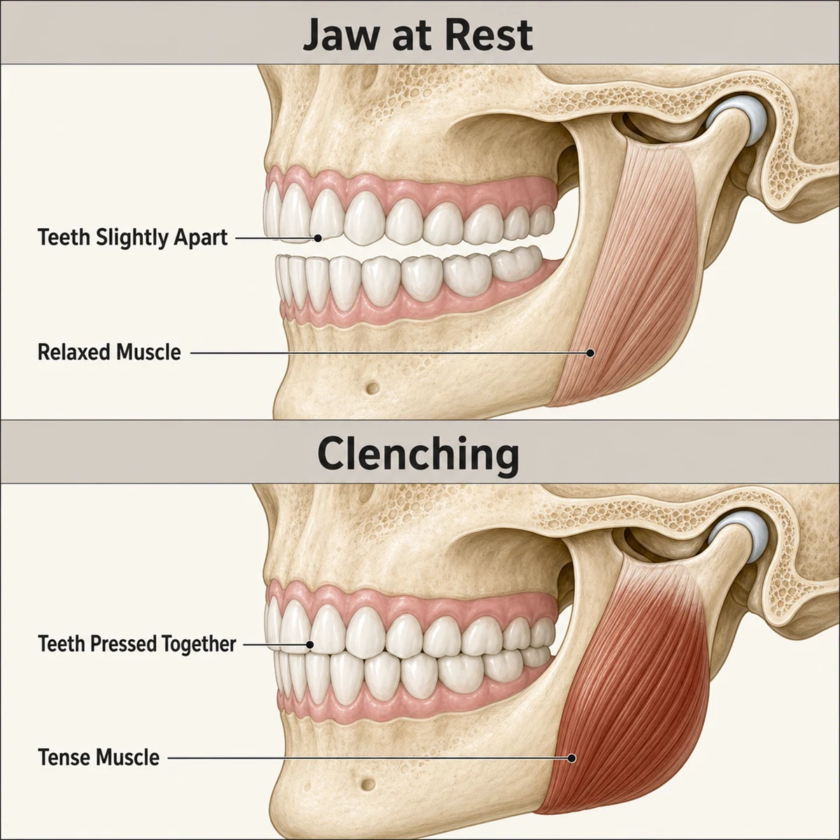 Side-profile diagram comparing a jaw at rest, with teeth slightly apart and a relaxed muscle, against a clenching jaw with teeth pressed together and a tense muscle.