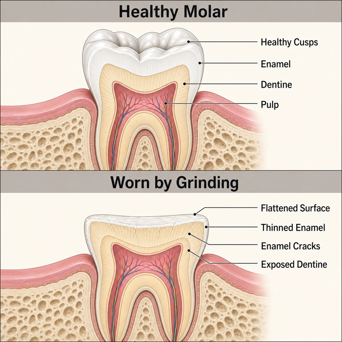 Labelled cross-section comparing a healthy molar showing enamel, dentine, pulp and healthy cusps, with the same tooth worn by grinding showing a flattened surface, thinned enamel, enamel cracks and exposed dentine.