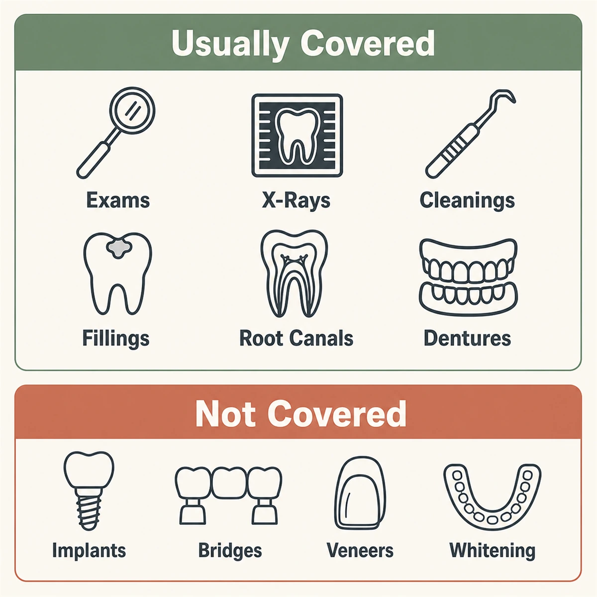 Chart showing treatments usually covered by the Canada Dental Care Plan - exams, X-rays, cleanings, fillings, root canals and dentures - and those not covered: implants, bridges, veneers and whitening.