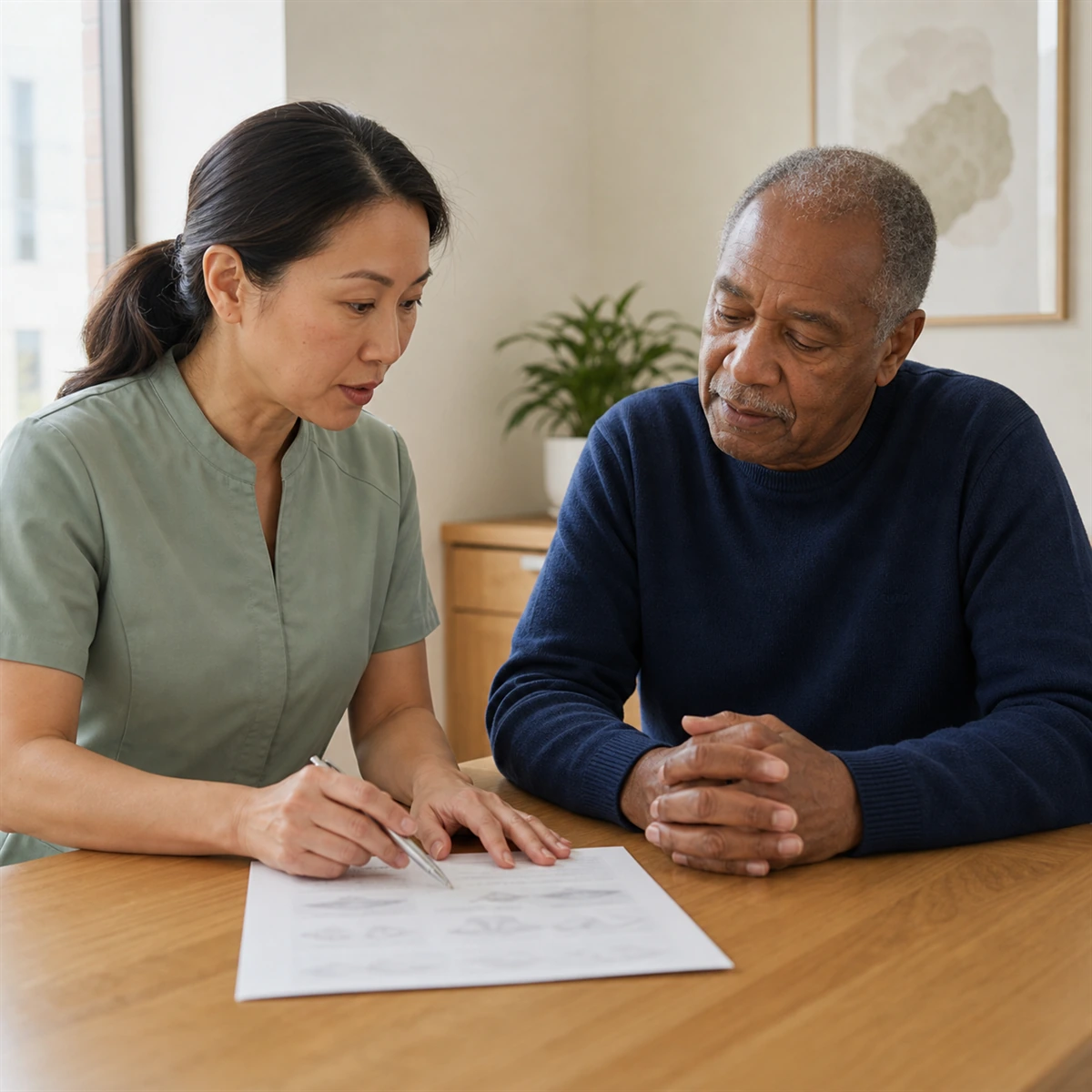 A dentist pointing with a pen at a printed treatment estimate while explaining it to an older patient across a consultation desk.