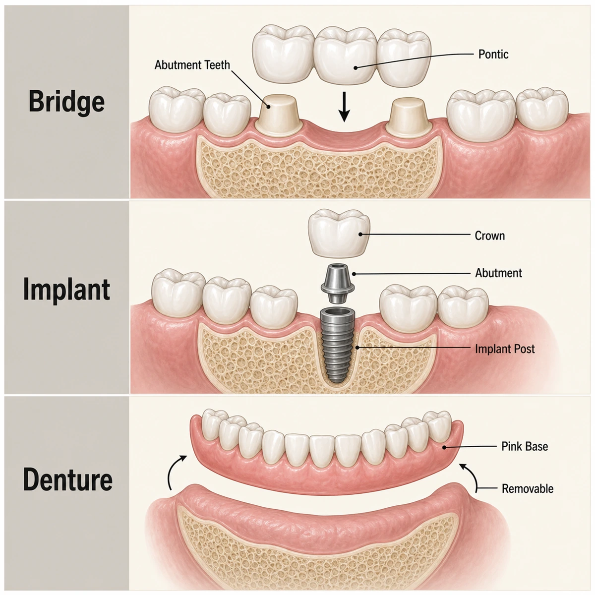 Labelled cross-section diagram of three ways to replace a missing tooth: a bridge with abutment teeth and pontic, an implant showing crown, abutment and implant post, and a removable denture with a pink base.