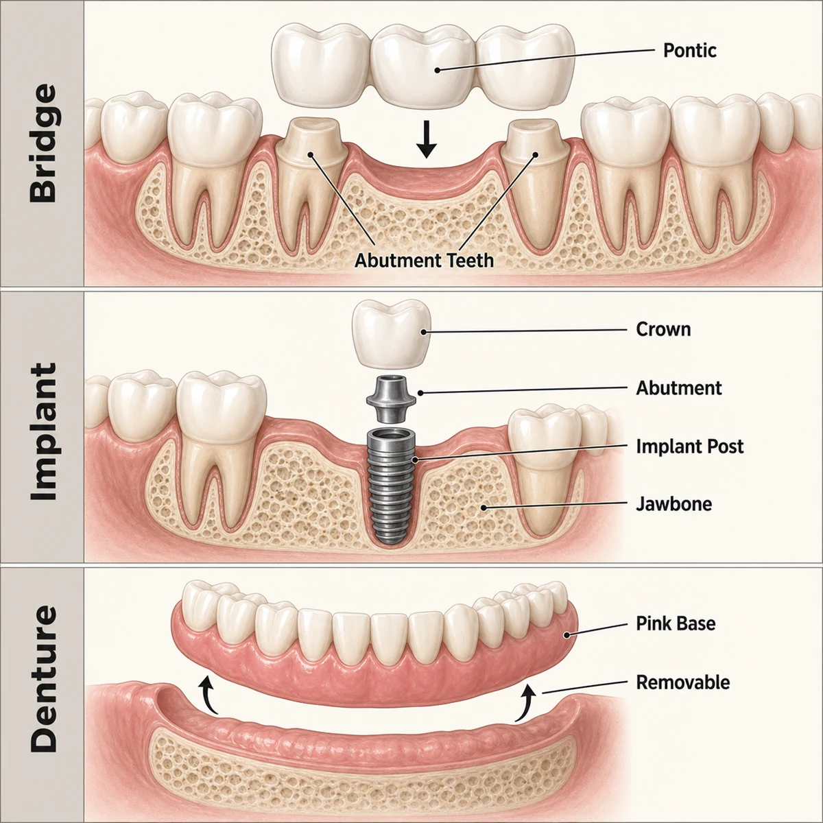 Labelled cross-section diagram comparing a dental bridge with abutment teeth and pontic, a dental implant showing crown, abutment, implant post and jawbone, and a removable denture with a pink base.