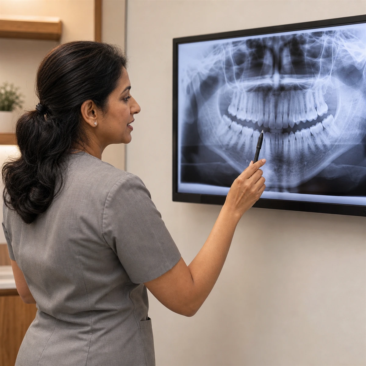 A dentist pointing with a pen at a panoramic dental X-ray displayed on a wall-mounted screen.
