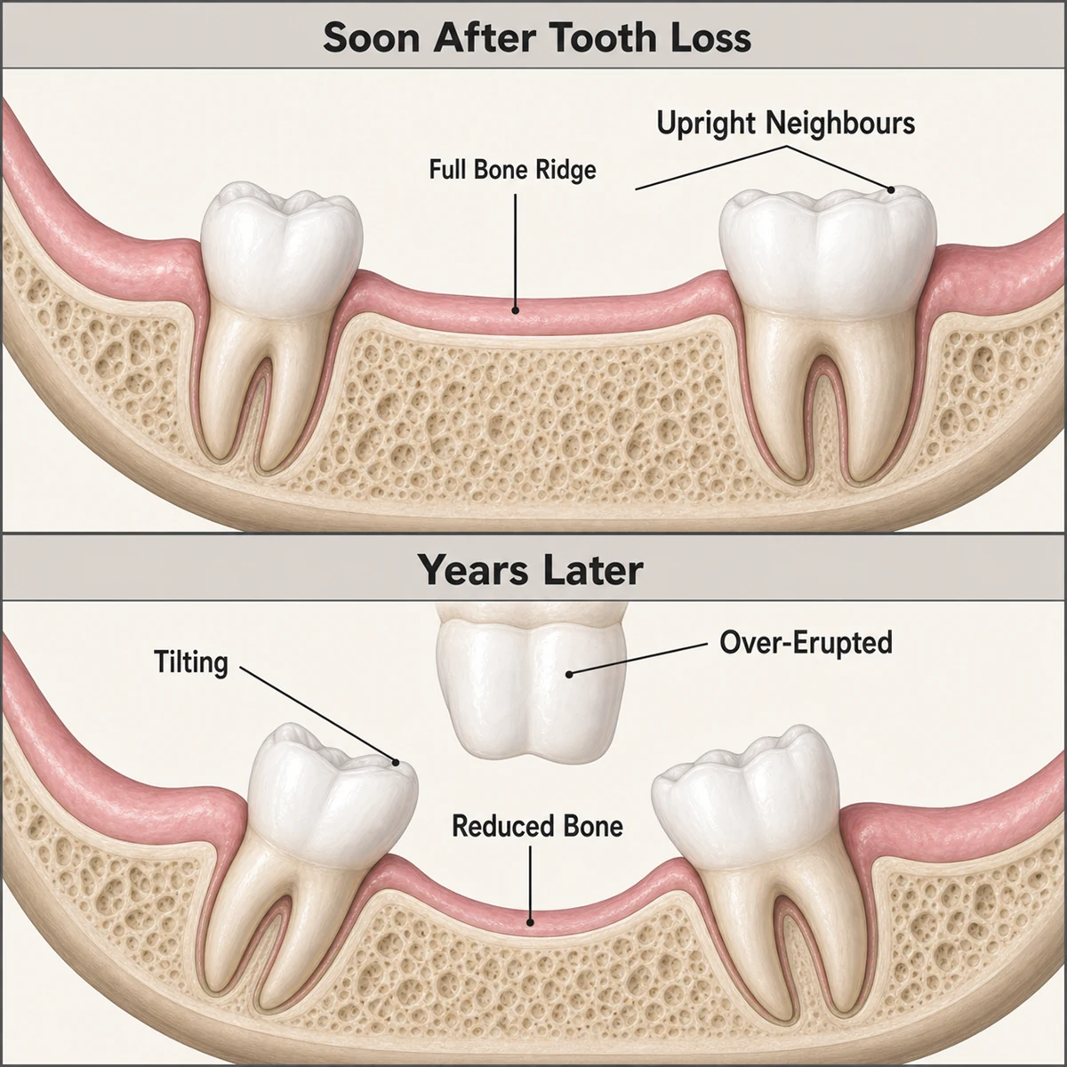 Cross-section diagram comparing a jaw soon after tooth loss, with a full bone ridge and upright neighbouring teeth, against the same jaw years later showing reduced bone, tilting neighbours and an over-erupted opposing tooth.