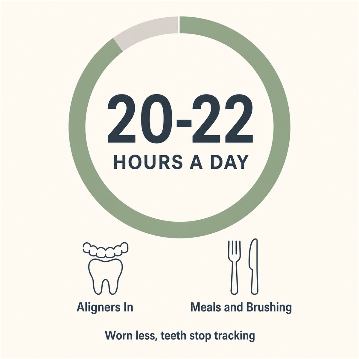 Ring chart showing aligners are worn 20 to 22 hours a day, leaving a small window for meals and brushing, with a note that wearing them less means teeth stop tracking.