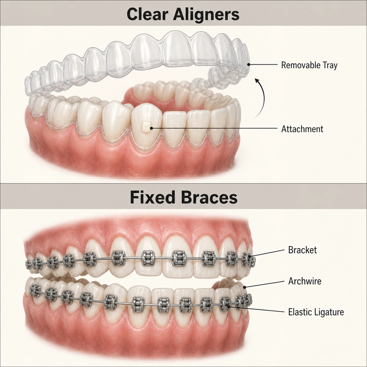 Labelled comparison diagram of clear aligners showing the removable tray and attachment, and fixed braces showing bracket, archwire and elastic ligature.
