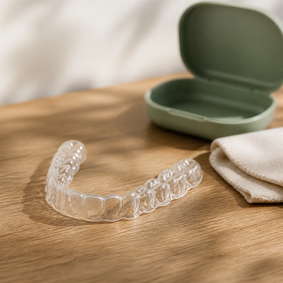 A clear orthodontic retainer resting on a wooden surface beside its protective case in soft daylight.