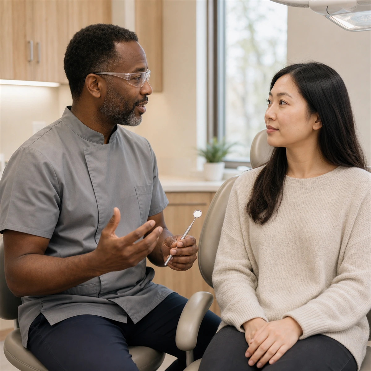 A dentist holding a dental mirror and talking with a seated patient before an examination.
