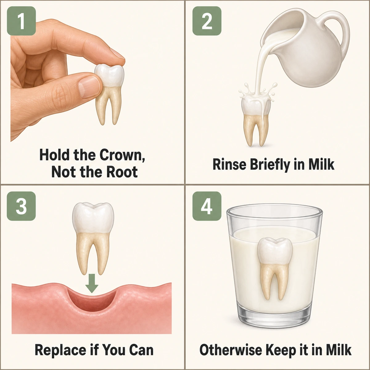 Four-step first-aid guide for a knocked-out tooth: hold it by the crown and not the root, rinse it briefly in milk, put it back in the socket only if the person is fully alert and cooperative, and otherwise keep it in a glass of milk.