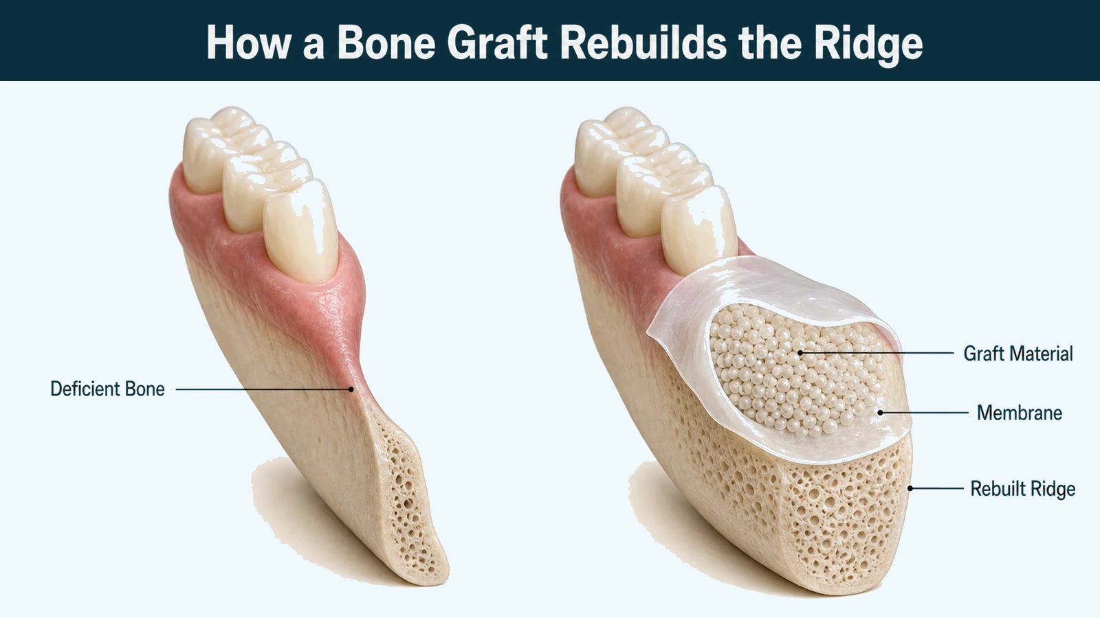 Two cutaway jaw ridges side by side: a thin narrow ridge of bone, and the same ridge widened with granular graft particles held beneath a thin membrane. Labelled: deficient bone, graft material, membrane and rebuilt ridge.
