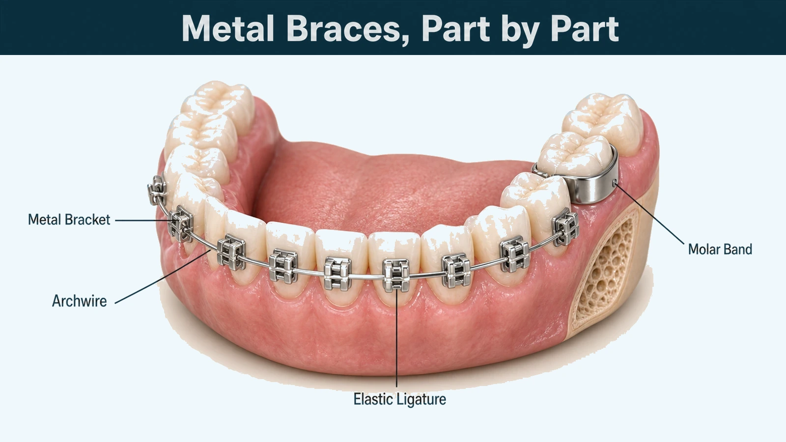 A lower dental arch fitted with stainless steel brackets joined by an archwire, with a metal band around the rear molar. Labelled: metal bracket, archwire, elastic ligature and molar band.