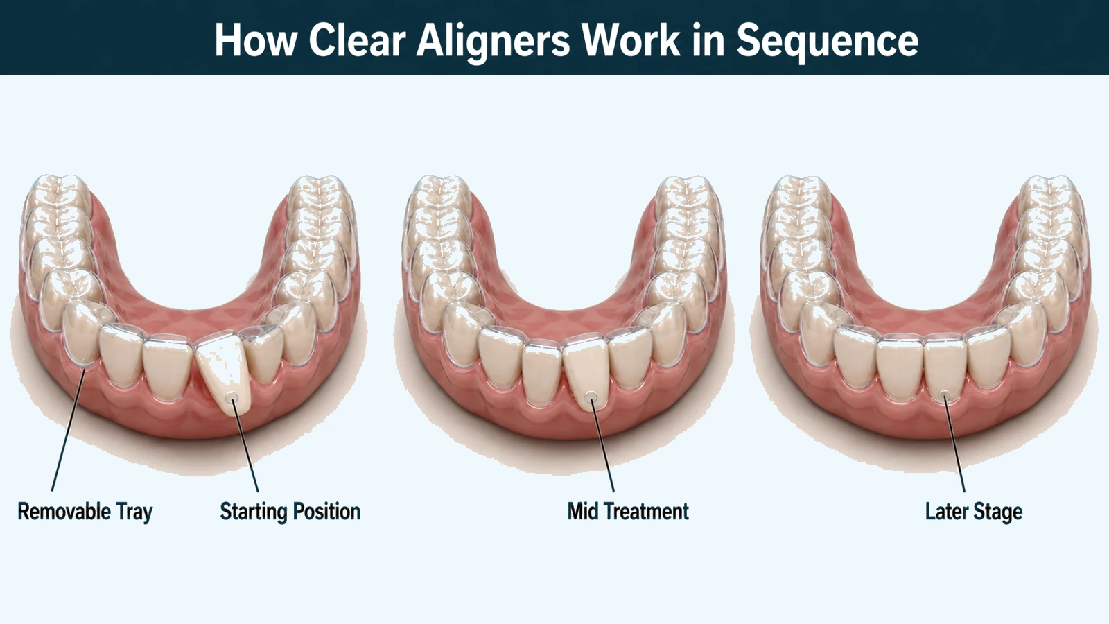 Three lower dental arches side by side, each wearing a clear aligner tray, with one crowded front tooth progressively less rotated across the three stages. Labelled: starting position, mid treatment, later stage and removable tray.