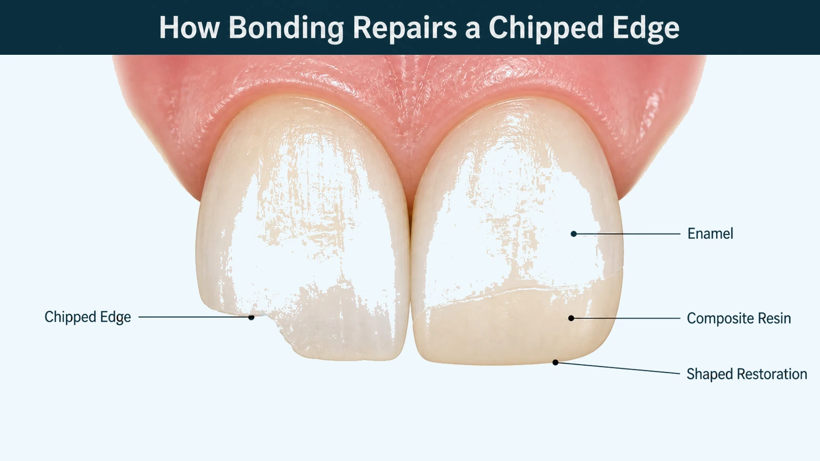 Two cutaway upper front teeth side by side: one missing a corner of its biting edge, and the same tooth with the corner rebuilt in tooth-coloured material. Labelled: chipped edge, composite resin, shaped restoration and enamel.