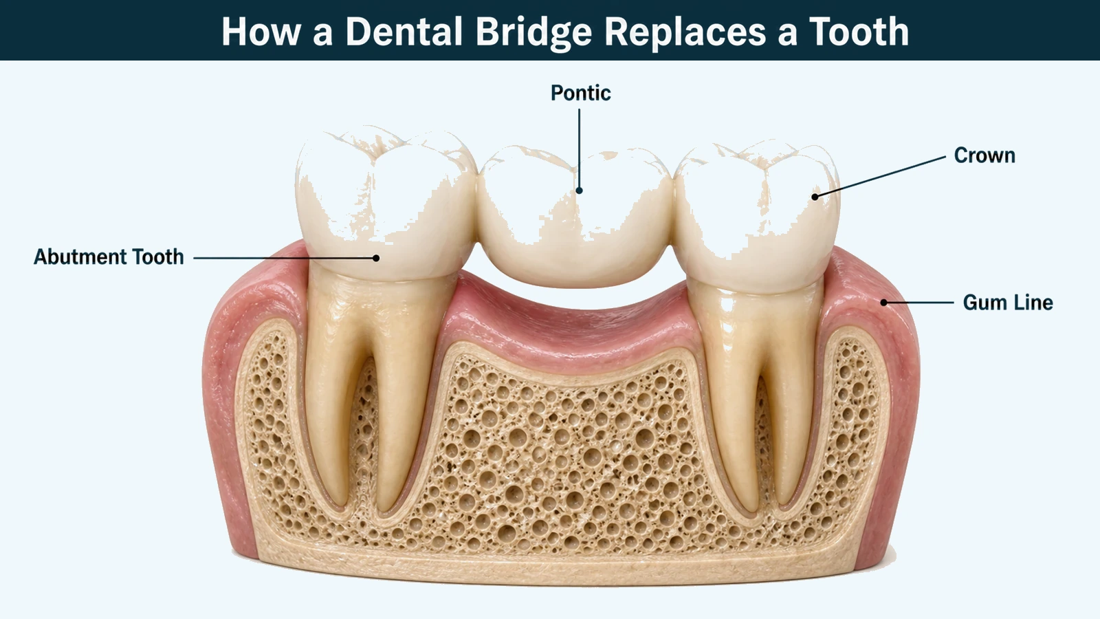Cutaway of a lower jaw showing a three-unit fixed bridge, with a crown on a prepared supporting tooth at each end joined by a false tooth spanning the gap. Labelled: abutment tooth, pontic, crown and gum line.