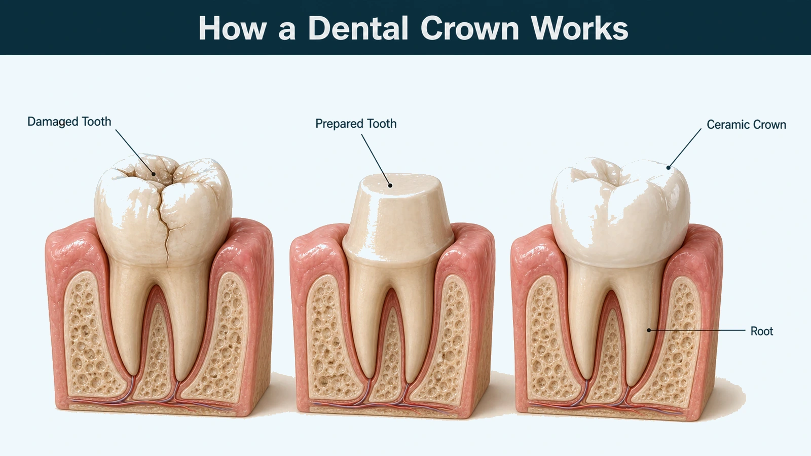 Three cutaway lower molars in sequence: a damaged molar with a visible crack, the same molar reduced to a tapered preparation, and a ceramic crown seated over it. Labelled: damaged tooth, prepared tooth, ceramic crown and root.