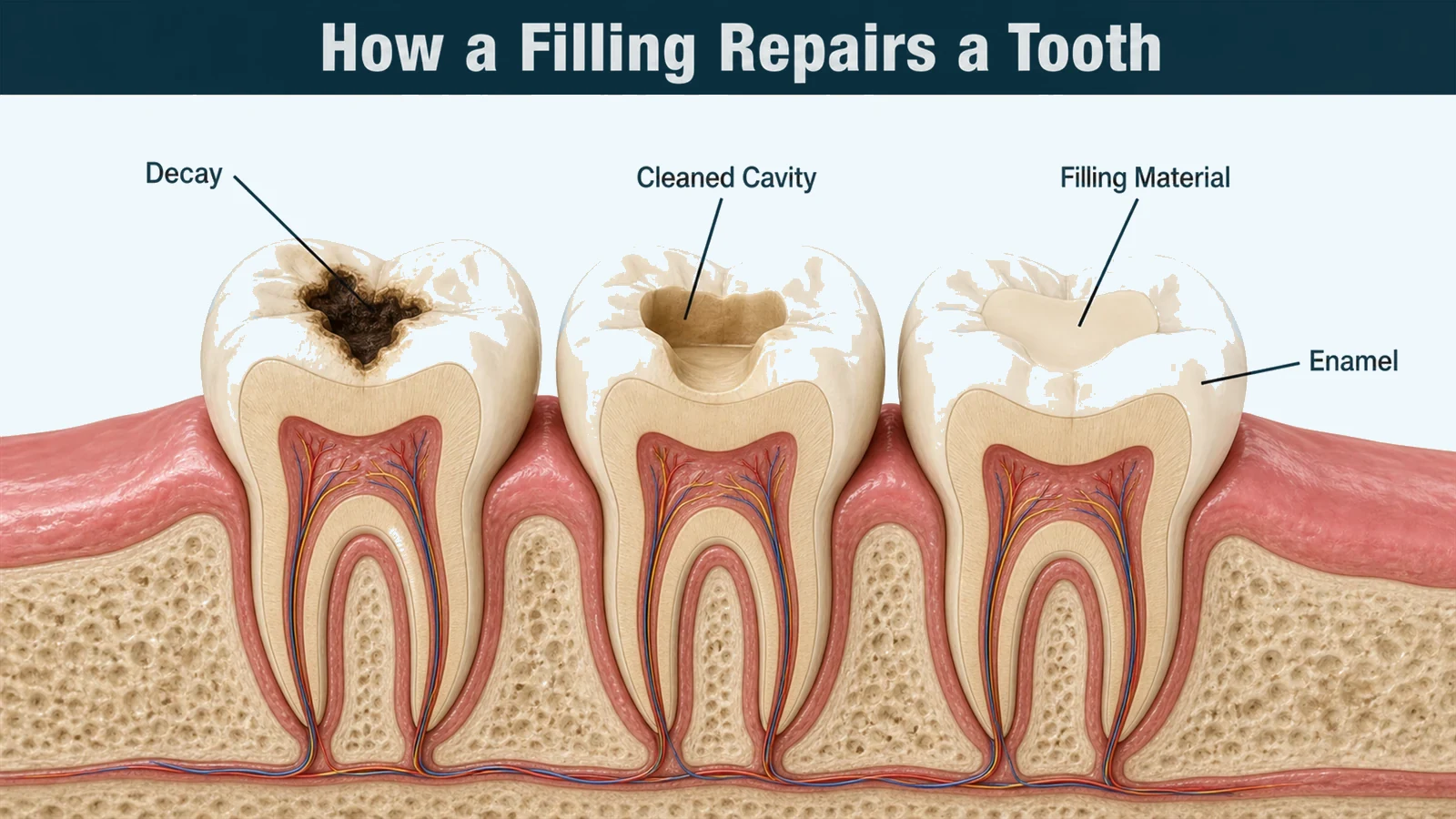 Three cutaway molars in sequence: one with a dark decay cavity, one with the decay removed leaving a clean preparation, and one filled with tooth-coloured material. Labelled: decay, cleaned cavity, filling material and enamel.